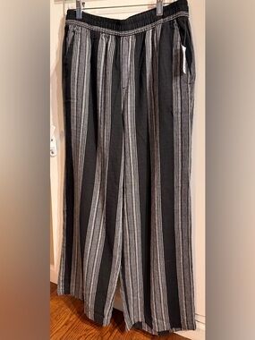 Striped Black and White Women's Wide Leg, Linen-Cotton Pants